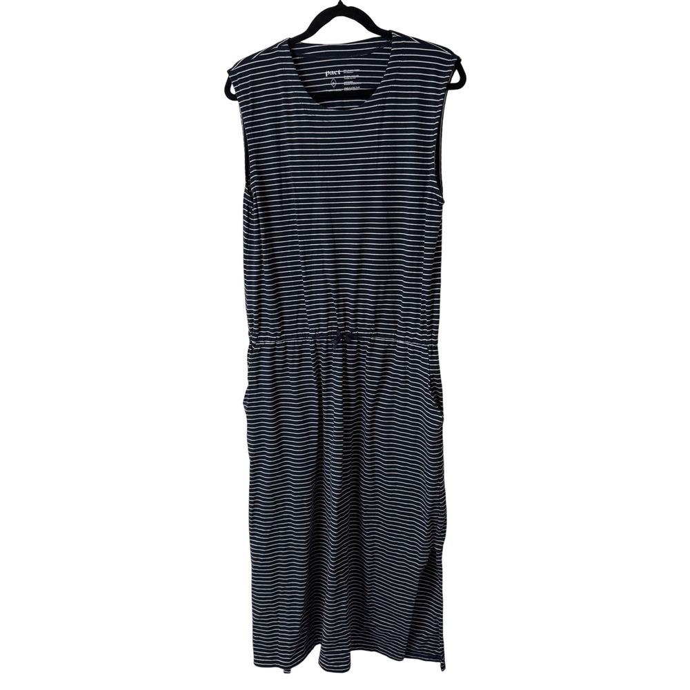 Pact Womens Organic Cotton Relaxed Slub Tank Maxi Dress XL Navy Blue Striped